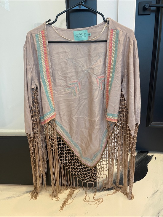 Judith March Tops - Judith March Taupe Fringe Embroidered Open Cardigan